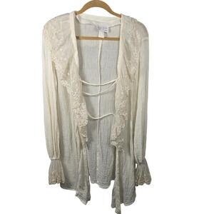 Vintage XOXO Cream Gauze Lace Trim Cardigan Bell Sleeve Sheer Top Large fairy